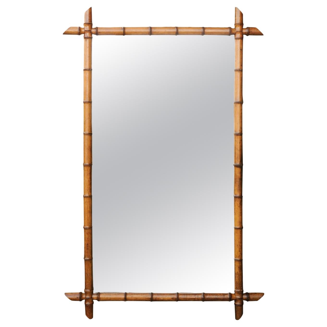 Turn of the Century French 1900s Faux Bamboo Mirror with Protruding Corners