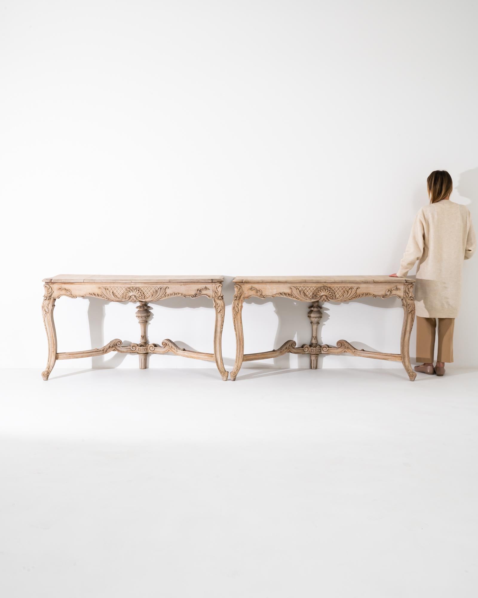 French Provincial Turn of the Century French Bleached Oak Console Tables, a Pair