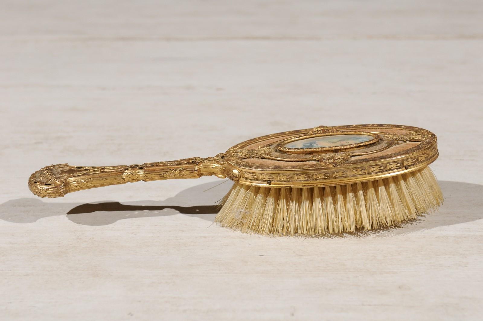 Turn of the Century French Brass Filigree Horsehair Brush with Painted Portrait For Sale 4