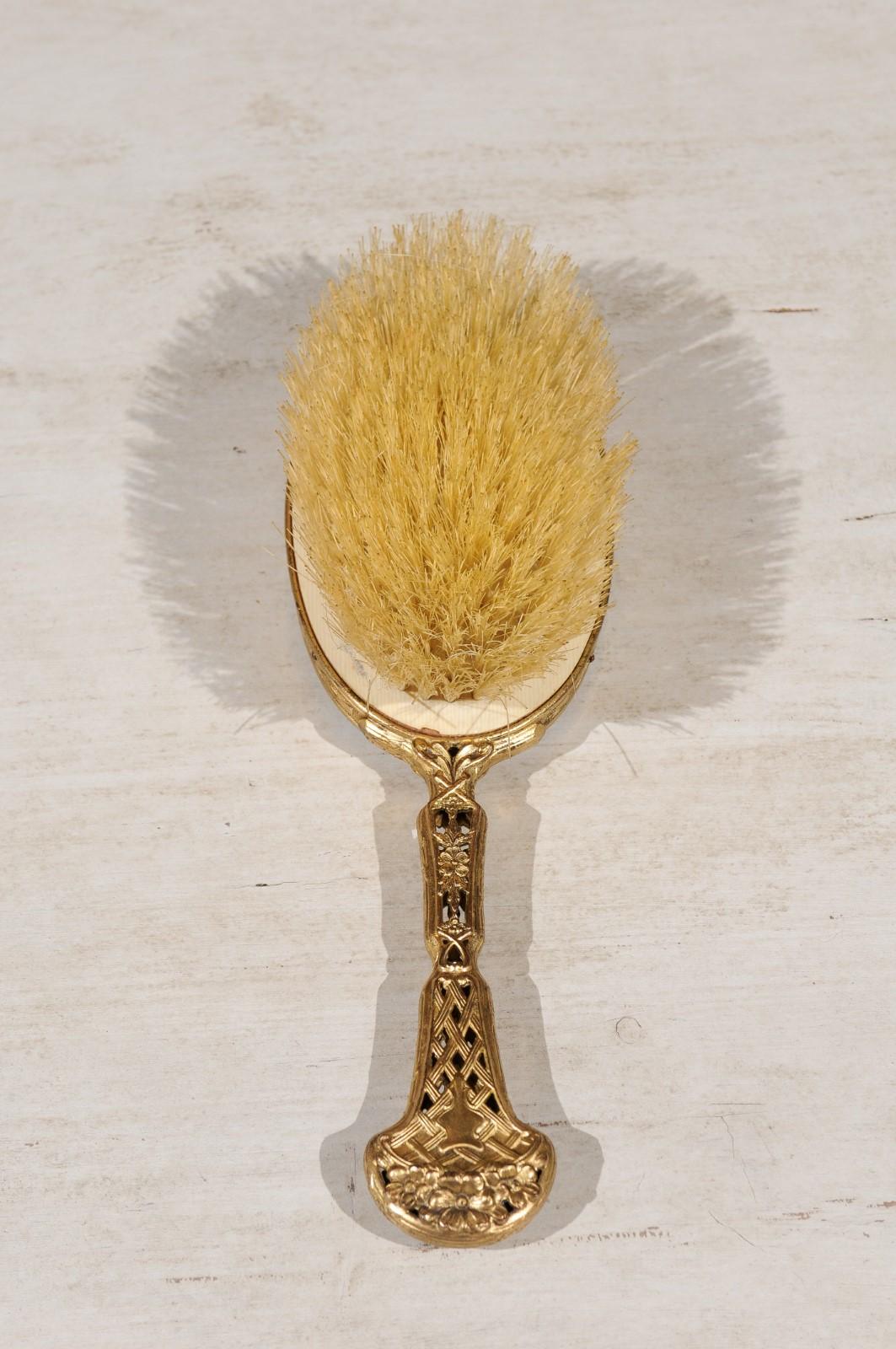 Hand-Painted Turn of the Century French Brass Filigree Horsehair Brush with Painted Portrait For Sale