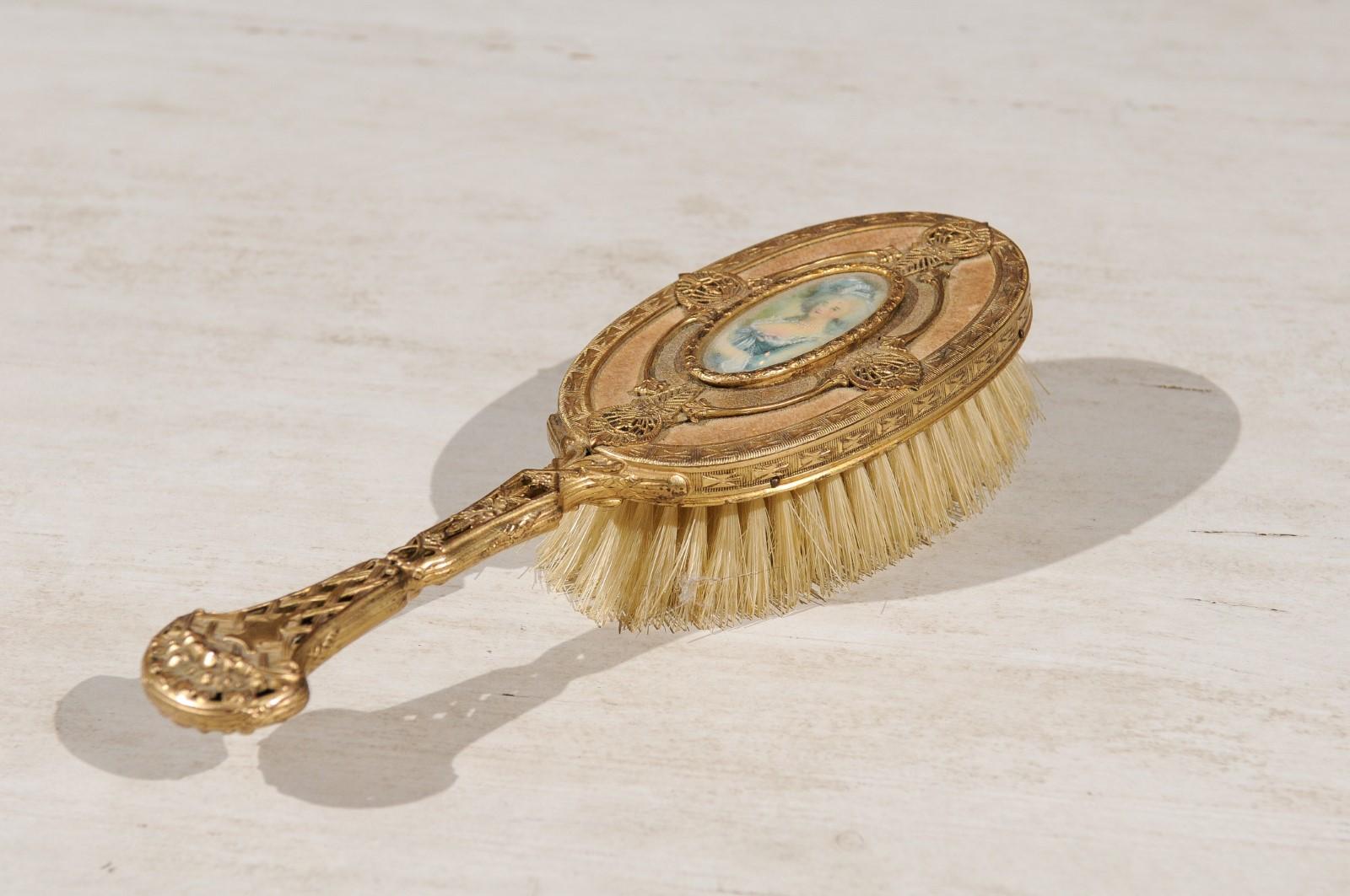 Turn of the Century French Brass Filigree Horsehair Brush with Painted Portrait For Sale 1
