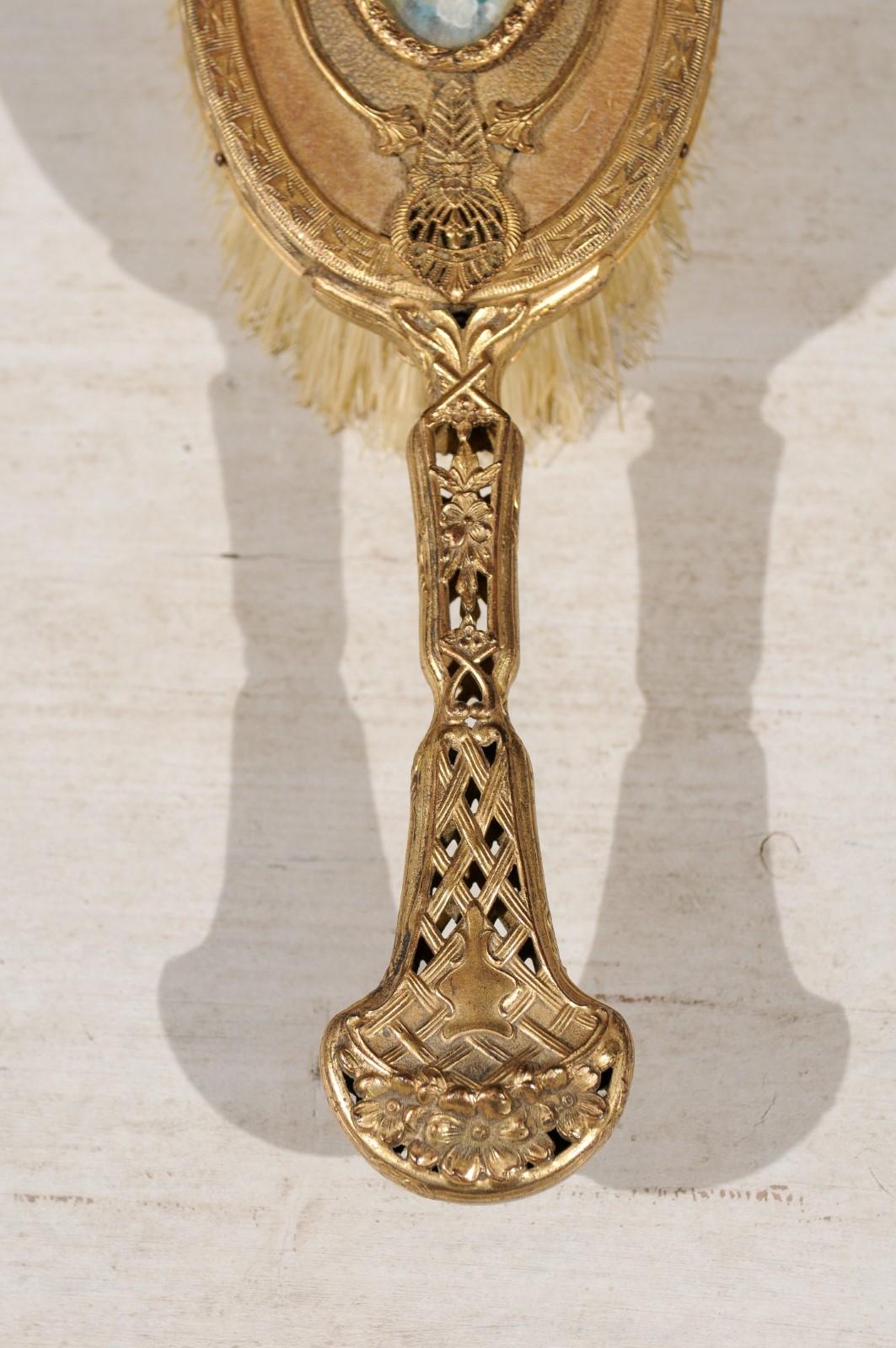 Turn of the Century French Brass Filigree Horsehair Brush with Painted Portrait For Sale 2