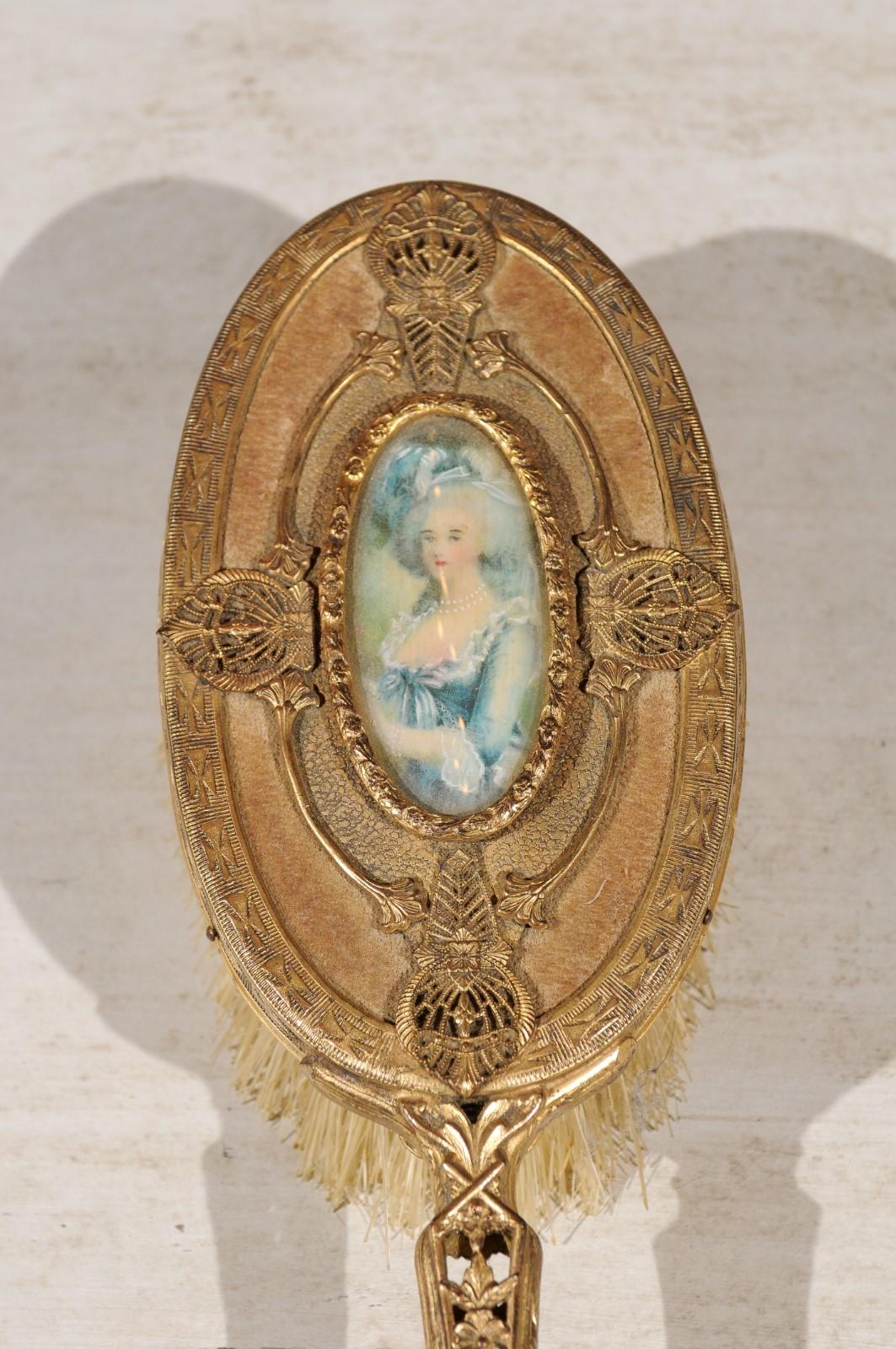 Turn of the Century French Brass Filigree Horsehair Brush with Painted Portrait For Sale 3