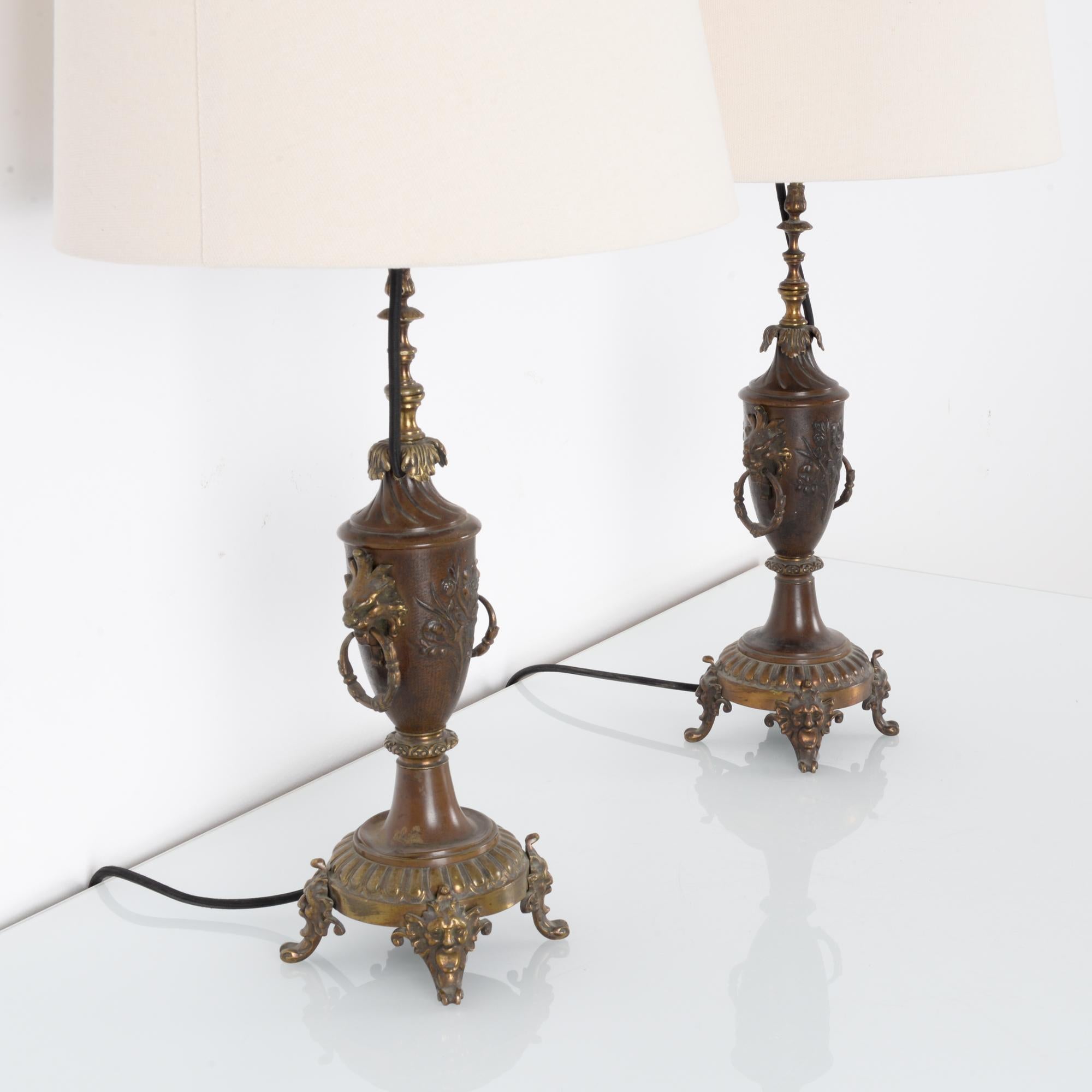 French Provincial Turn of the Century French Brass Table Lamps, a Pair
