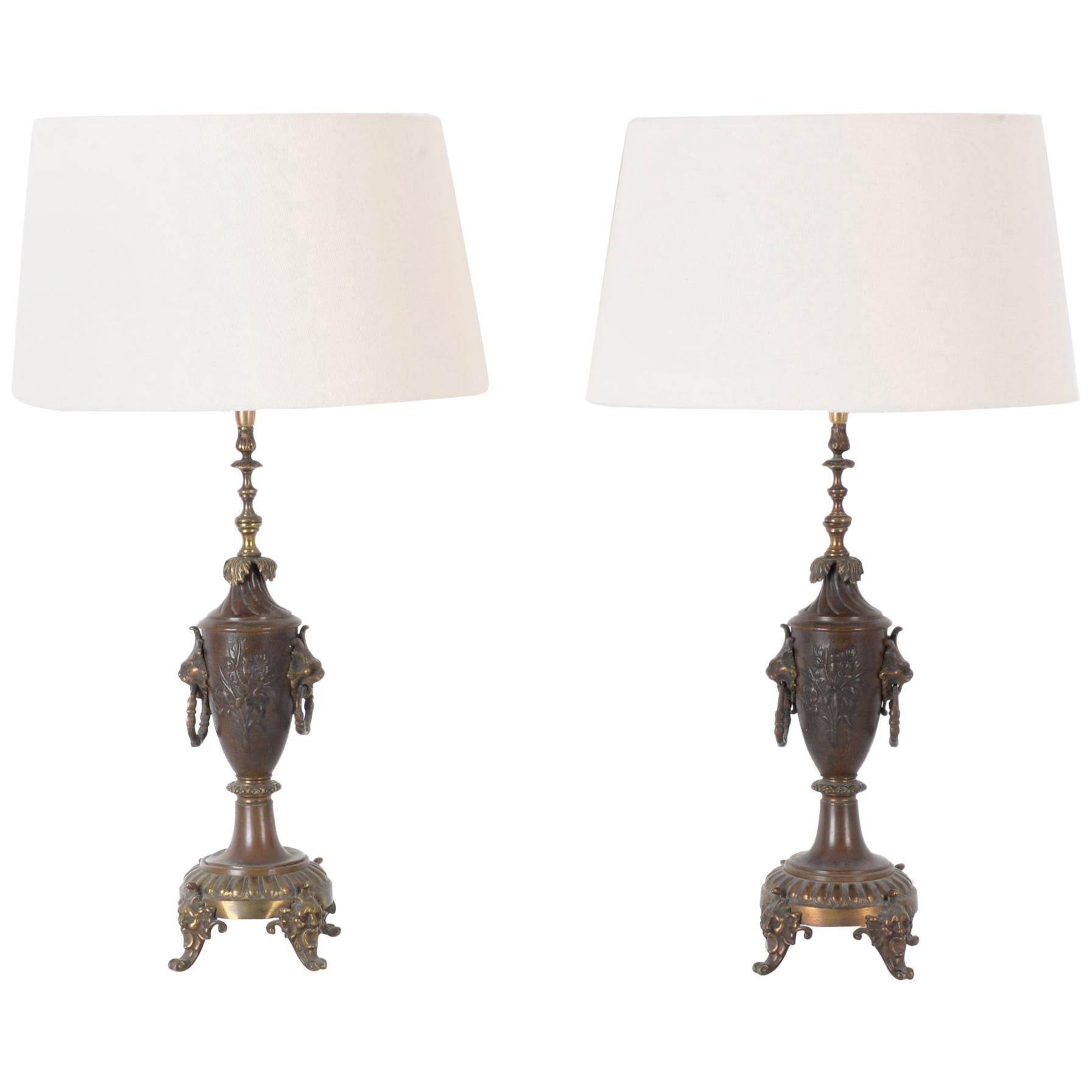 Turn of the Century French Brass Table Lamps, a Pair