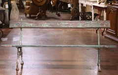 Turn of the Century French Carved Wood and Iron Original Weathered Garden Bench