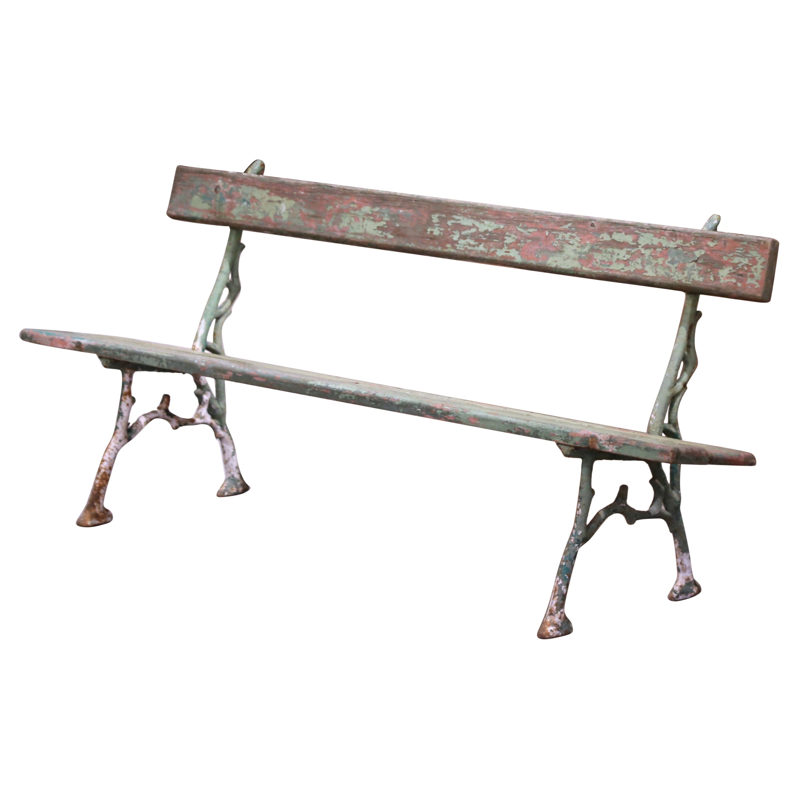 Turn of the Century French Carved Wood and Iron Original Weathered Garden Bench