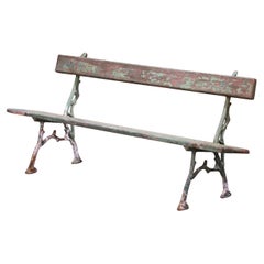 Turn of the Century French Carved Wood and Iron Original Weathered Garden Bench