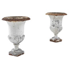 Turn of the Century French Cast Iron Campana Urns, a Pair
