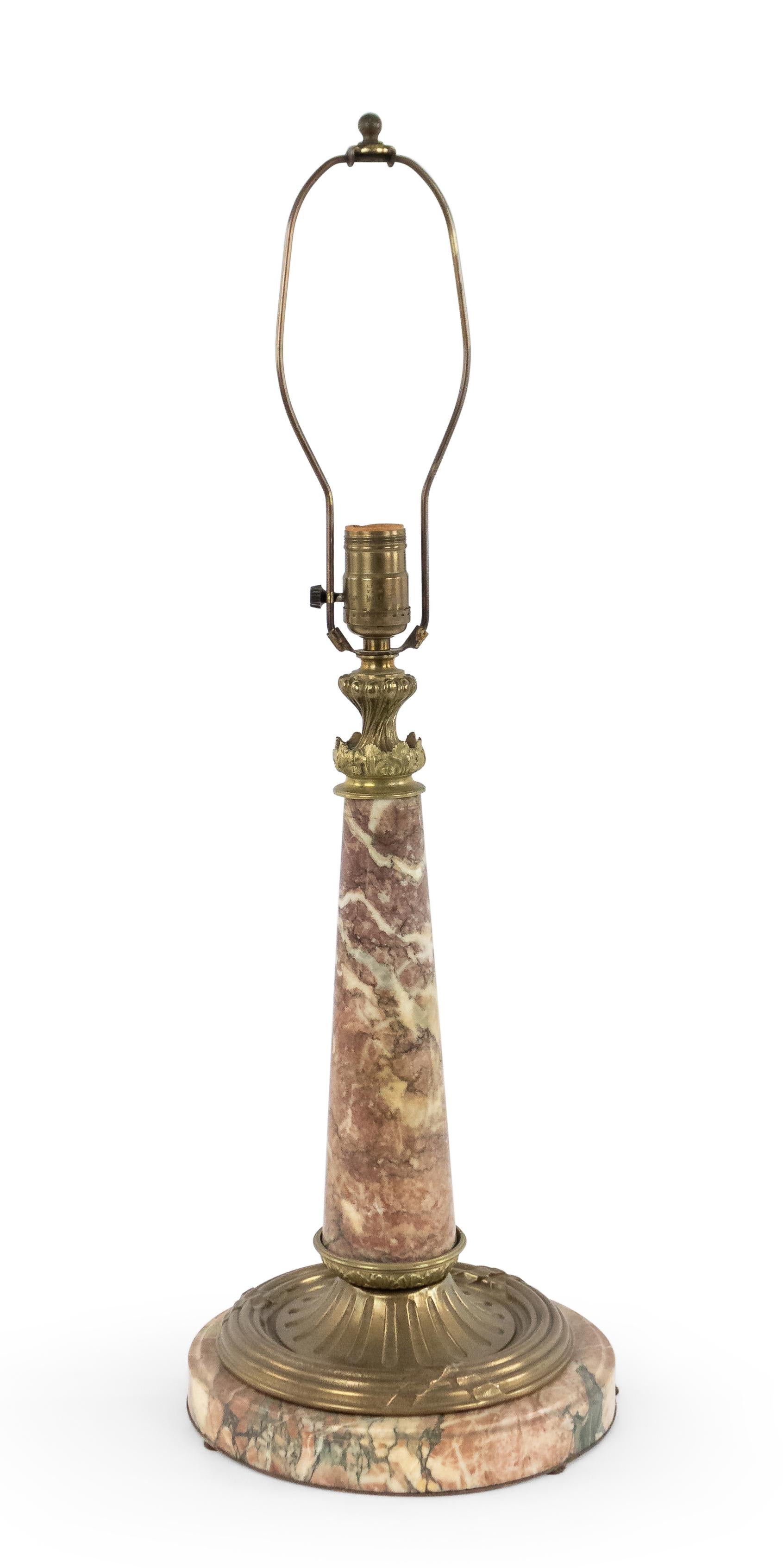 French Victorian (19th/20th Cent) rouge marble column lamp with gilt mounts on top and base and mounted on a round marble base.

