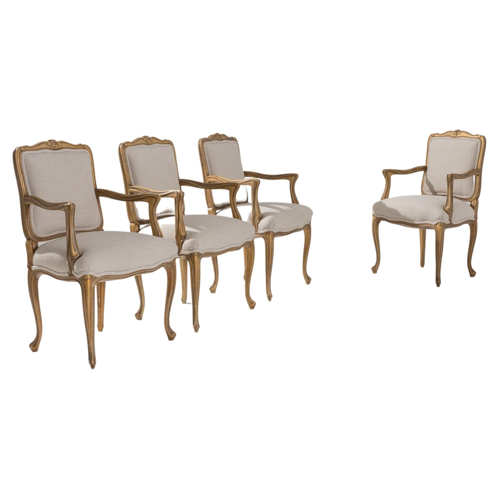 Turn of the Century French Giltwood Dining Chairs, Set of Four