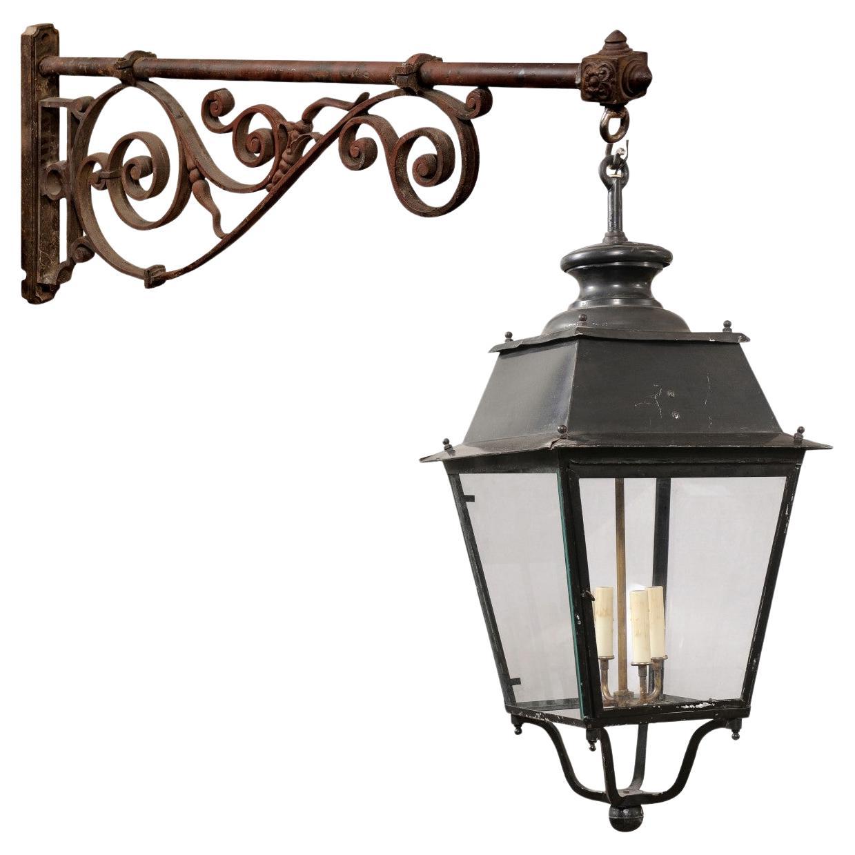 Turn of the Century French Iron and Glass Lantern, Wired for the USA For Sale