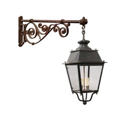 Used Turn of the Century French Iron and Glass Lanterns, a Pair Wired for the USA