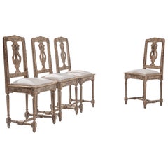 Antique Turn of the Century French Lyre Back Oak Dining Chairs, Set of Four