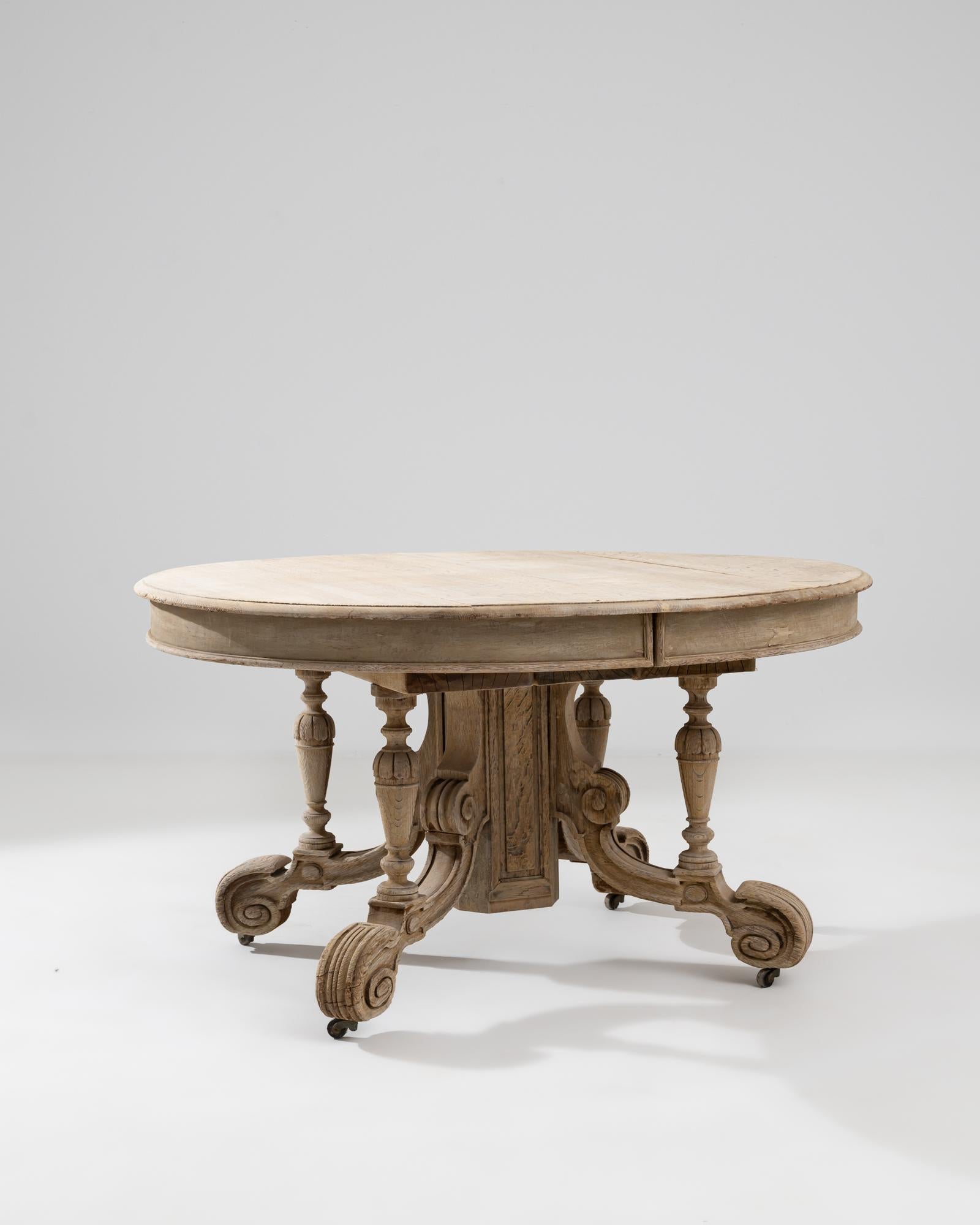 Bleached Turn of the Century French Oak Table on Wheels
