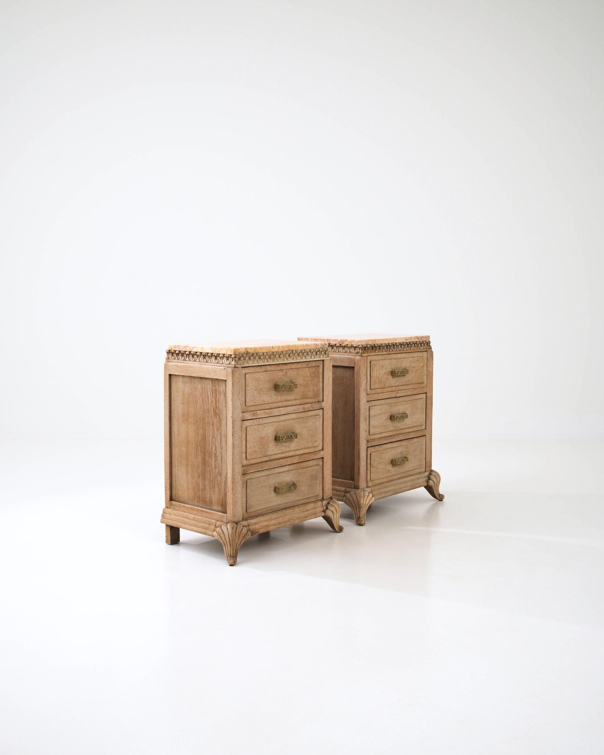 Turn of the Century French Pair of Oak Bedside Tables with Marble Tops 5