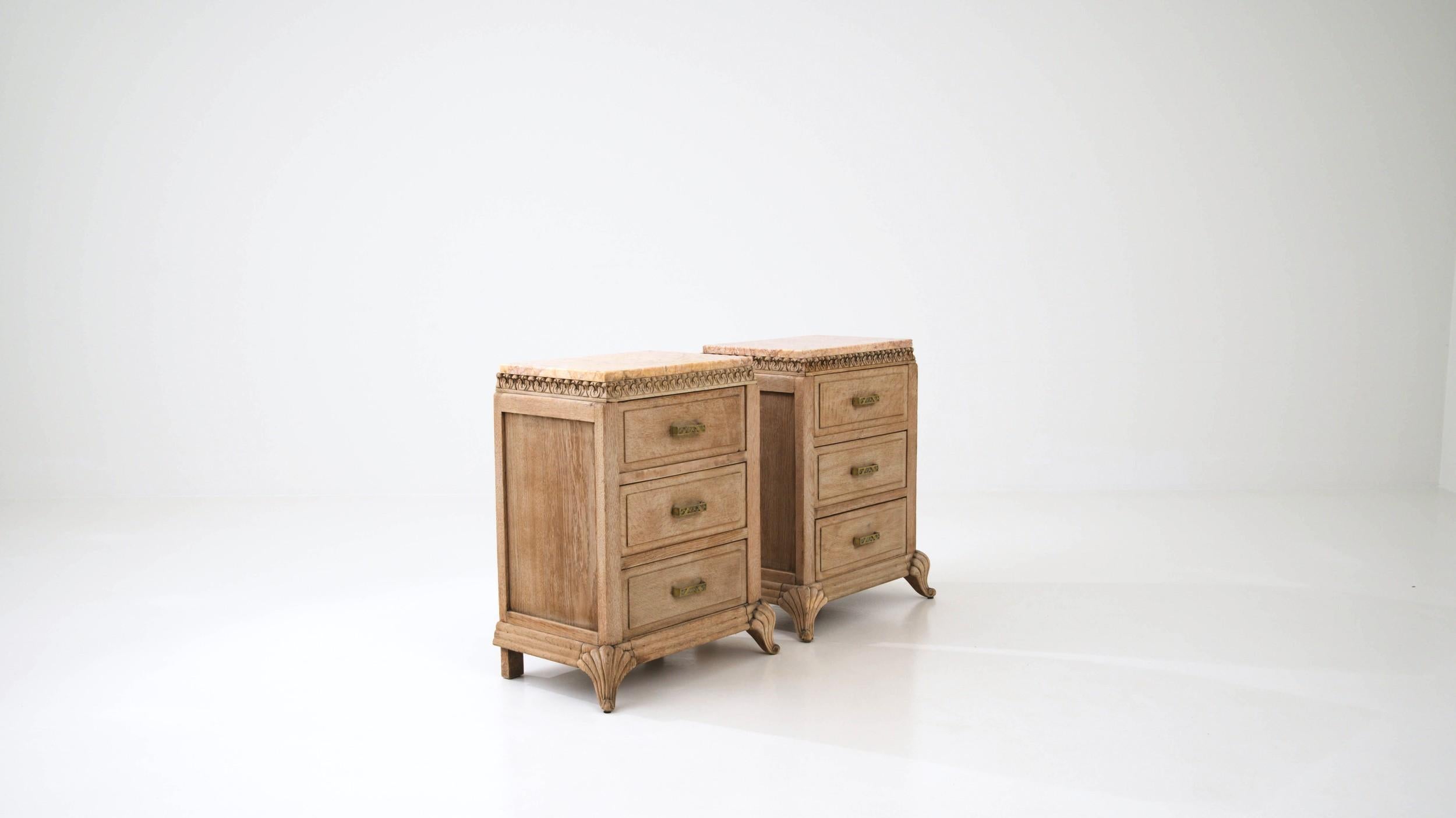 Turn of the Century French Pair of Oak Bedside Tables with Marble Tops 6