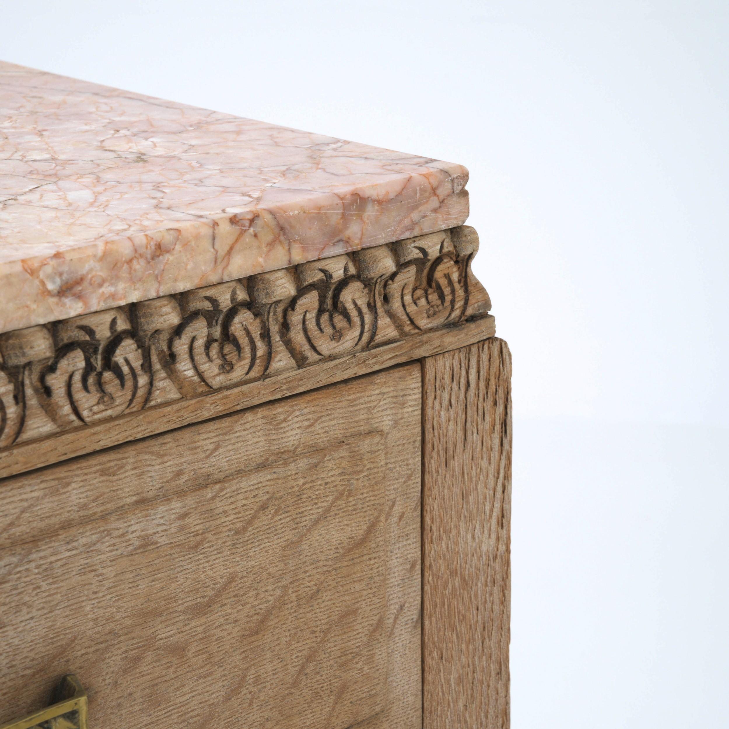 Turn of the Century French Pair of Oak Bedside Tables with Marble Tops 7