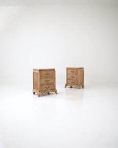 Turn of the Century French Pair of Oak Bedside Tables with Marble Tops