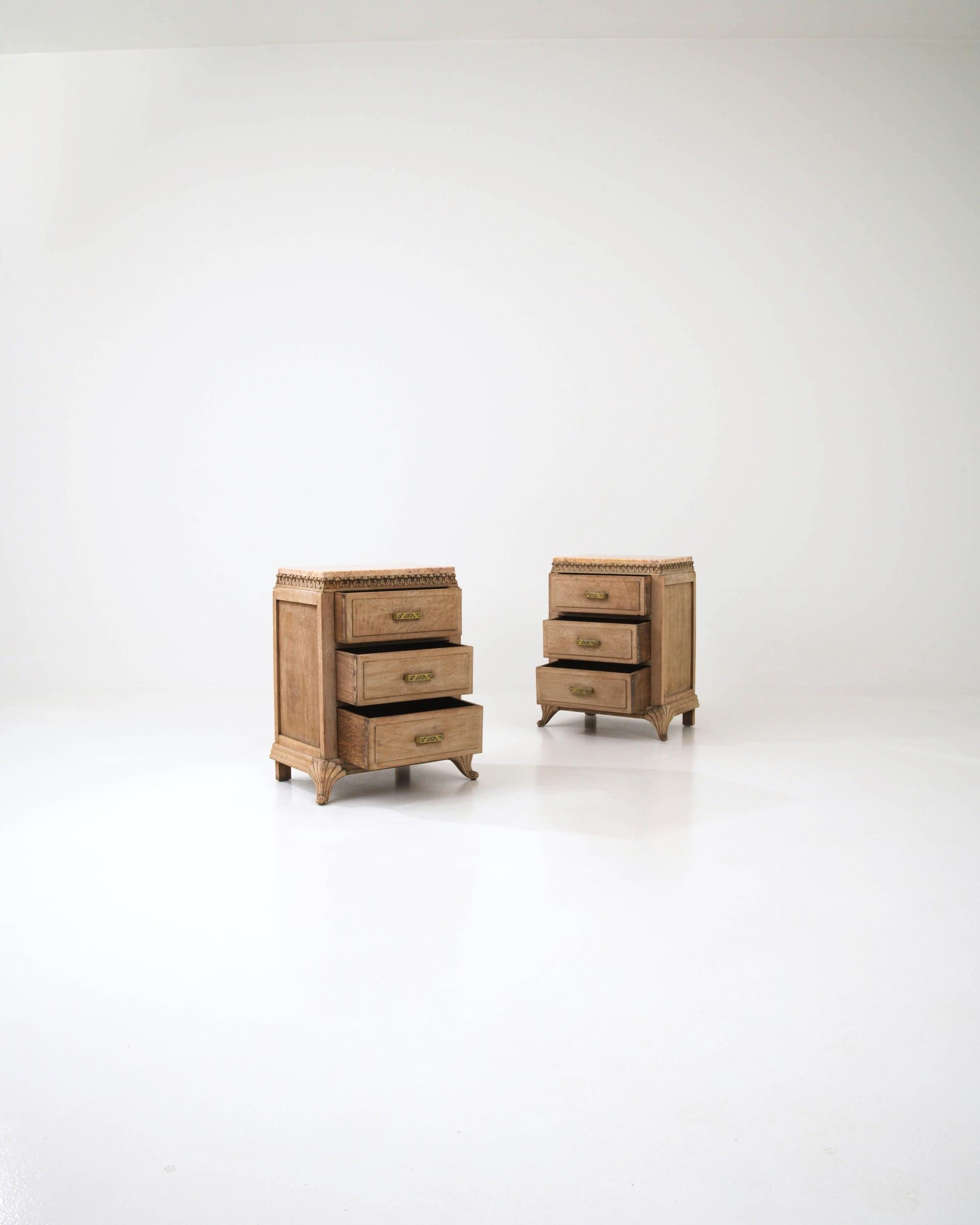 Art Deco Turn of the Century French Pair of Oak Bedside Tables with Marble Tops