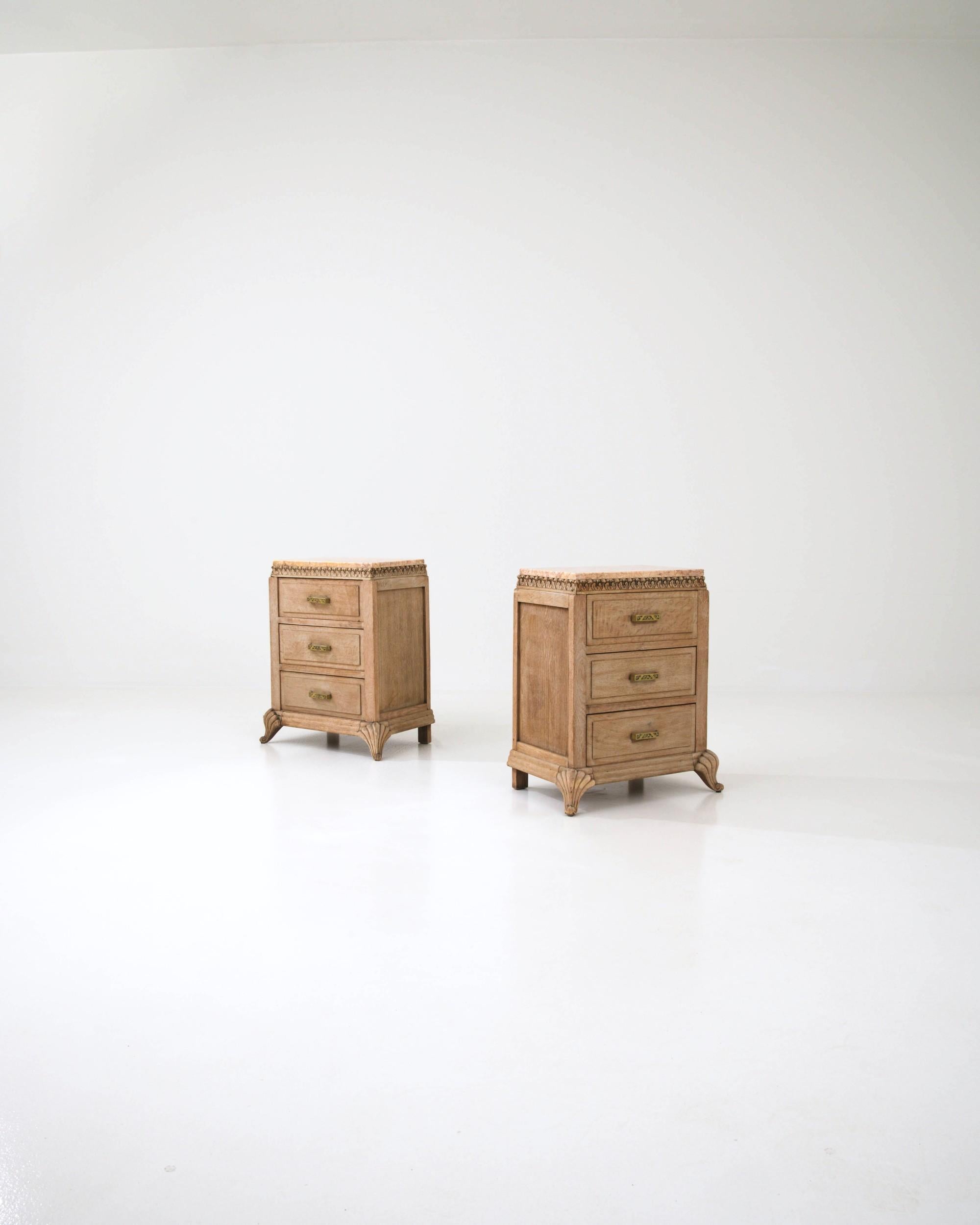 20th Century Turn of the Century French Pair of Oak Bedside Tables with Marble Tops