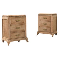 Turn of the Century French Pair of Oak Bedside Tables with Marble Tops