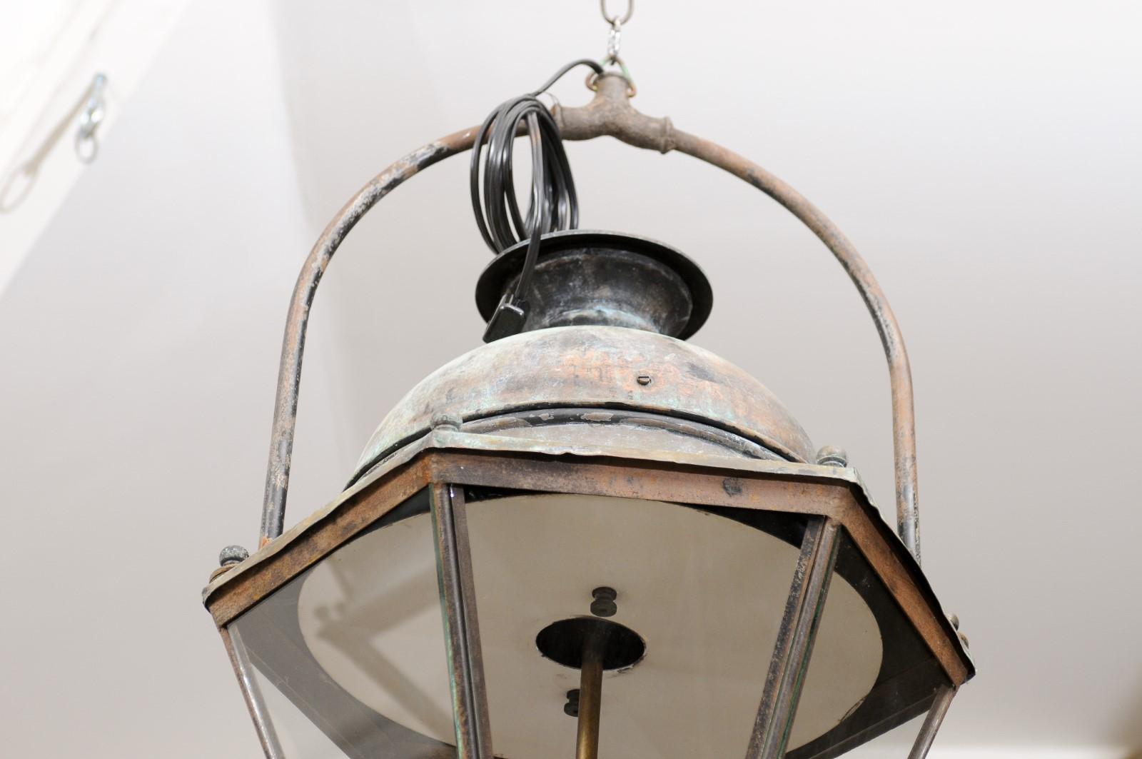 Turn of the Century French Provençal 1900s Copper and Iron Hexagonal Lantern 4