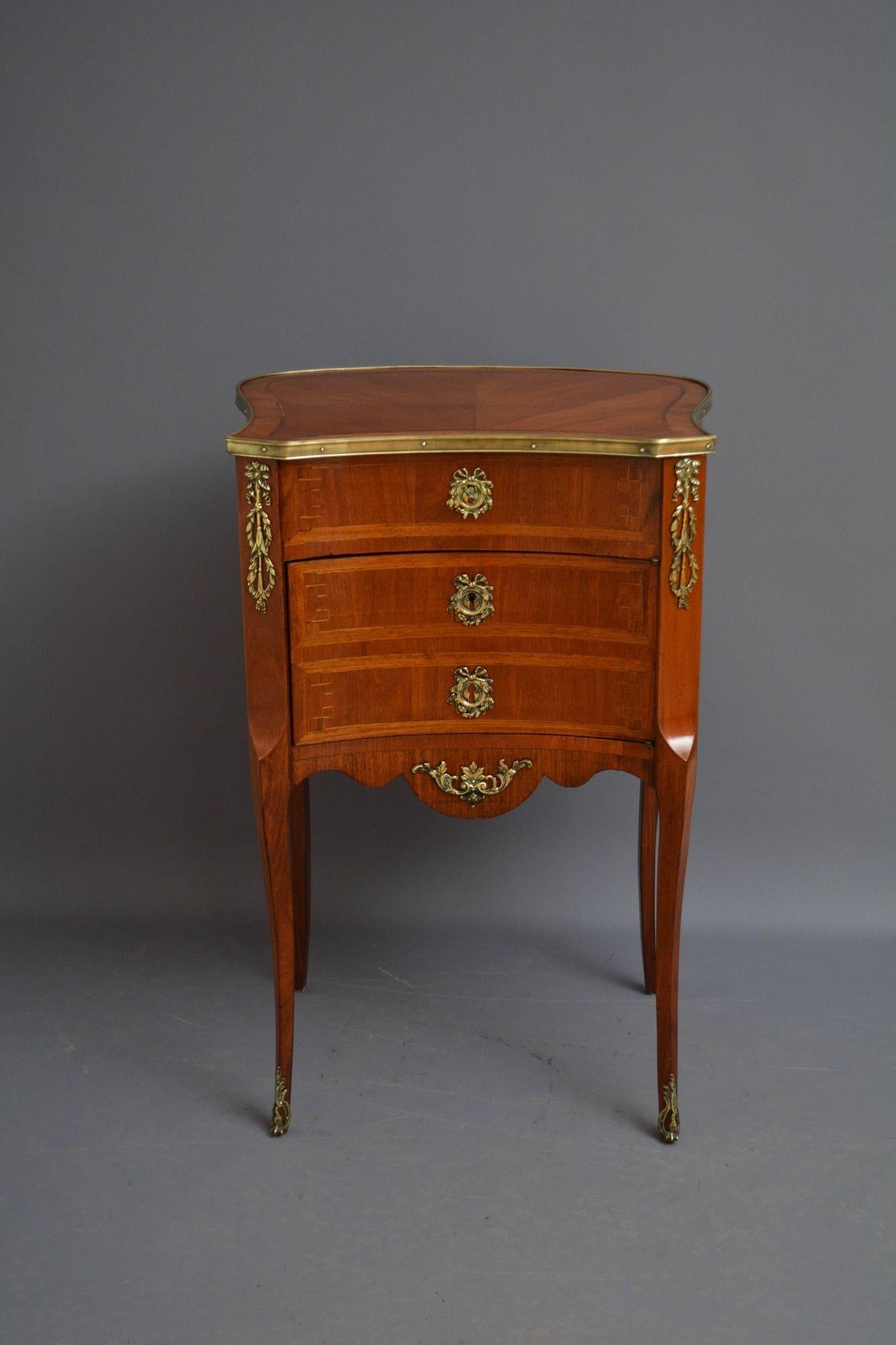 Sn5614 Unusual Louis XV revival side table / cabinet, in walnut and tulipwood, having book matched inlaid and banded lift up top fitted with original working lock and a key and decorated with brass edge above a concave and inlaid cupboard door also