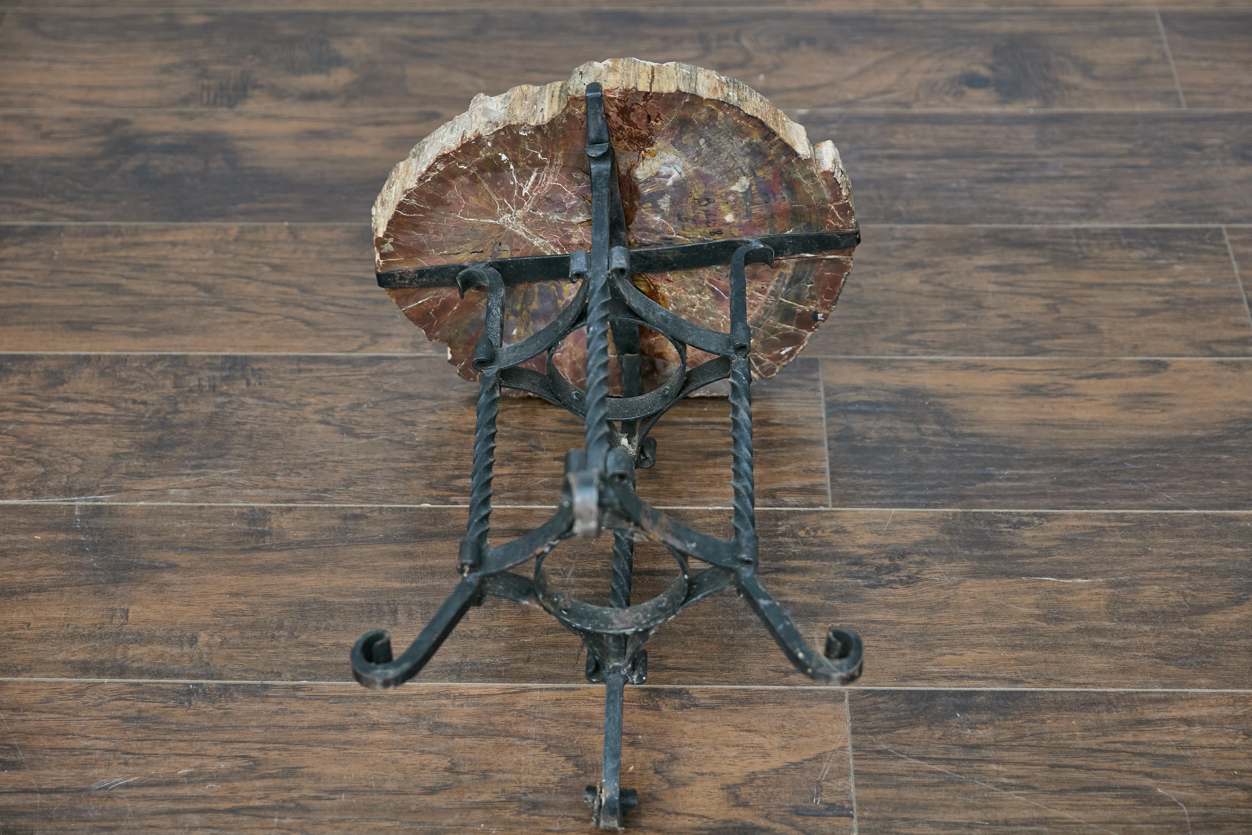 Table d'appoint française du début du siècle, plateau en bois pétrifié et base en fer forgé en vente 7
