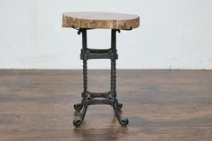 Turn of the Century French Side Table - Petrified Wood Top and Wrought Iron Base
