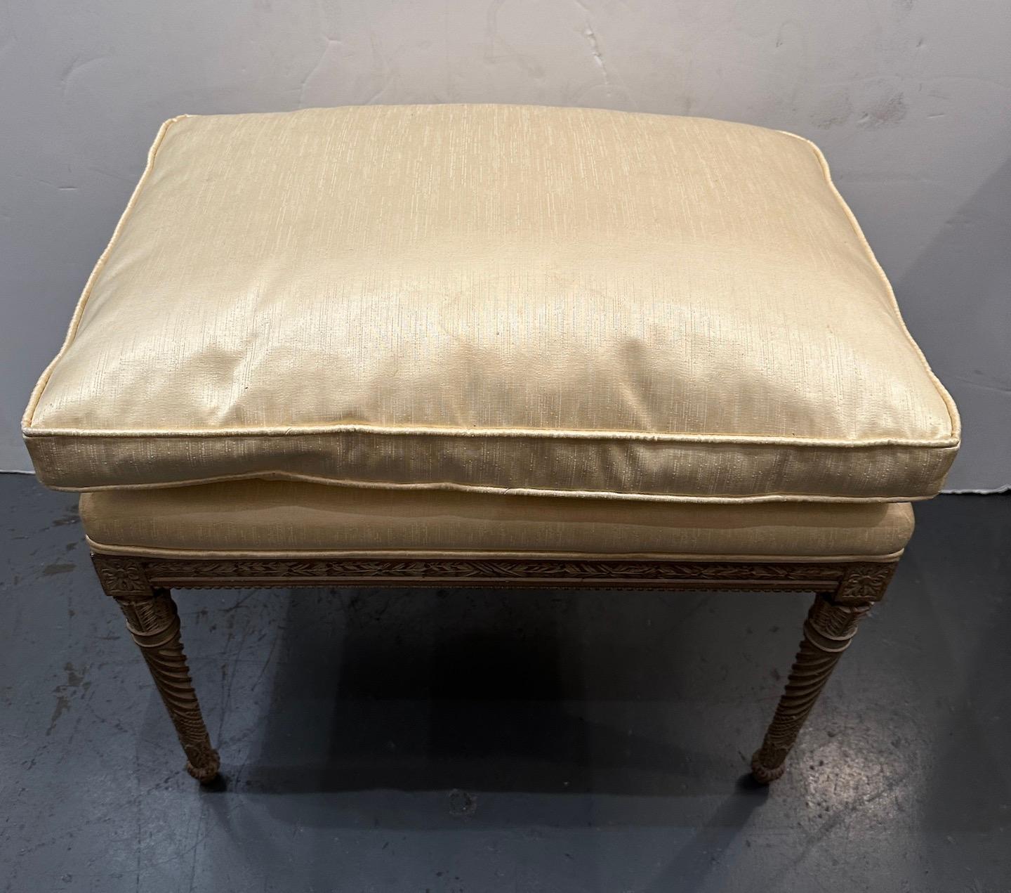 Carved, 1900s, French, spiral leg bench in pickled wood, upholstered in contemporary buttercream-silk fabric.  