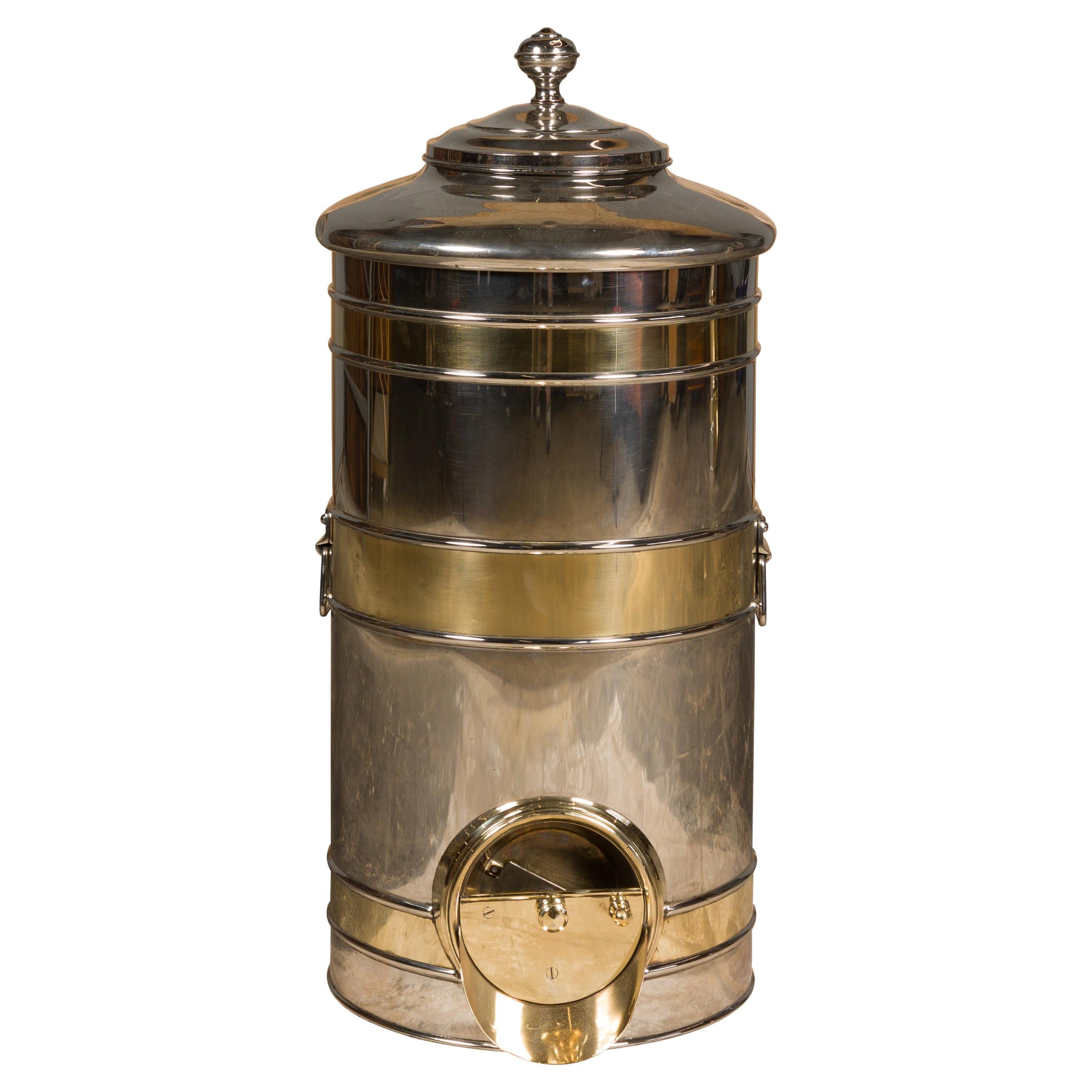 Turn of the Century French Steel and Brass Coffee Bean Dispenser, circa 1900 For Sale