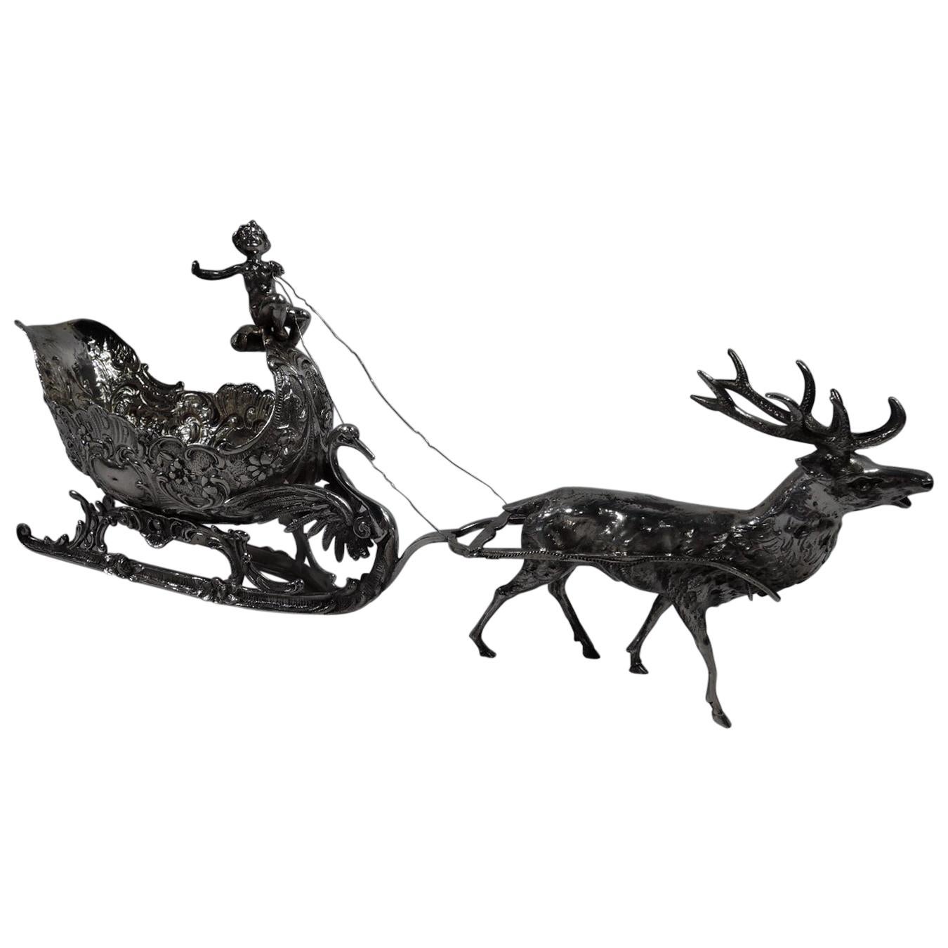 Turn-of-the-Century German Rococo Revival Silver Reindeer and Sleigh