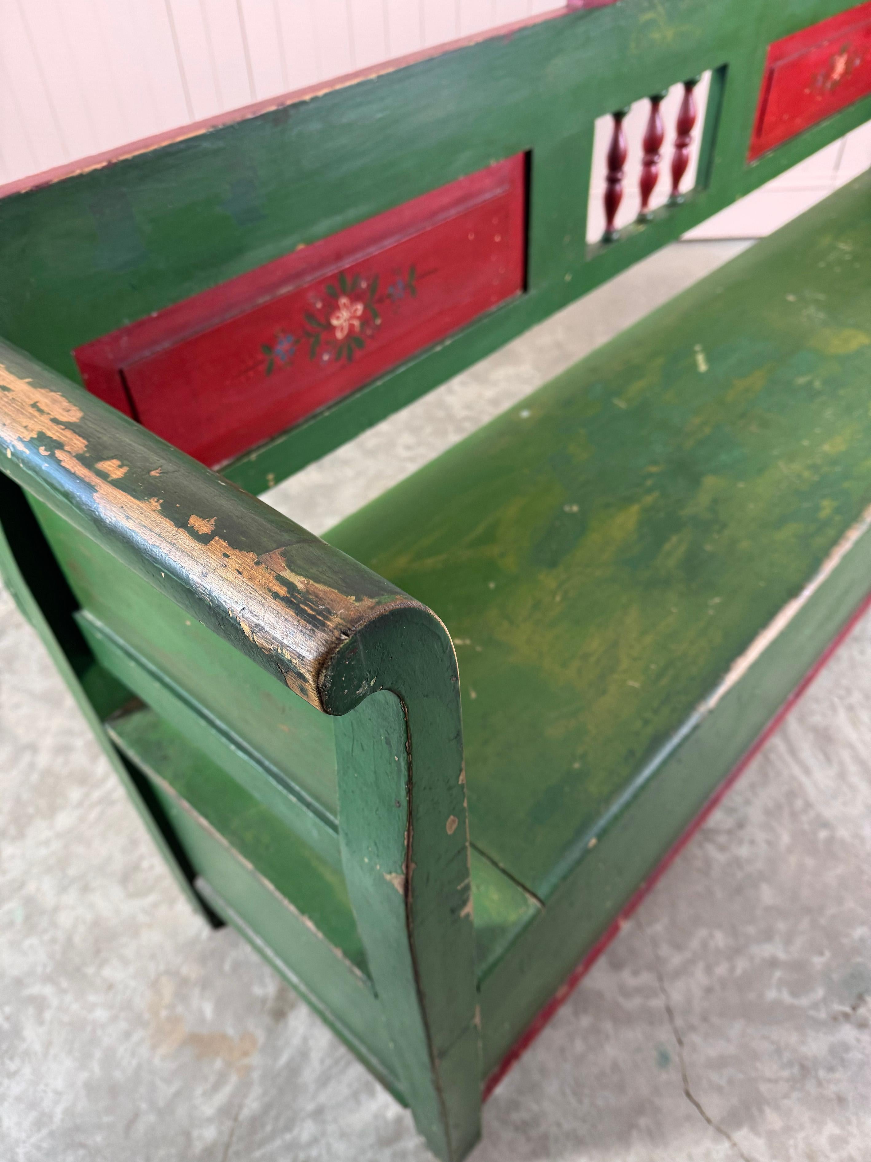 Pine Turn of the Century Green Romanian Box Bench For Sale