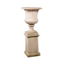 Turn of the Century Italian Campania Urn with Gadroon Motifs on Tall Pedestal