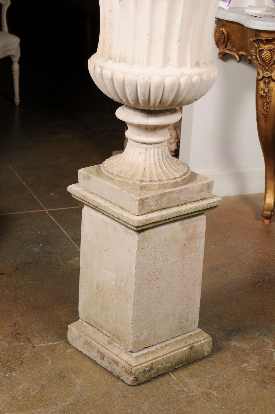 Turn of the Century Italian Campania Urn with Gadroon Motifs on Tall Pedestal 1