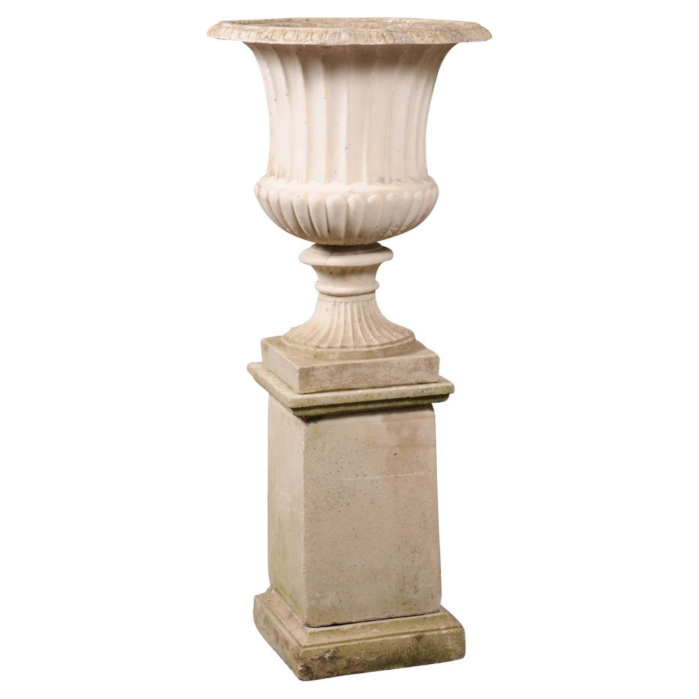 Turn of the Century Italian Campania Urn with Gadroon Motifs on Tall Pedestal