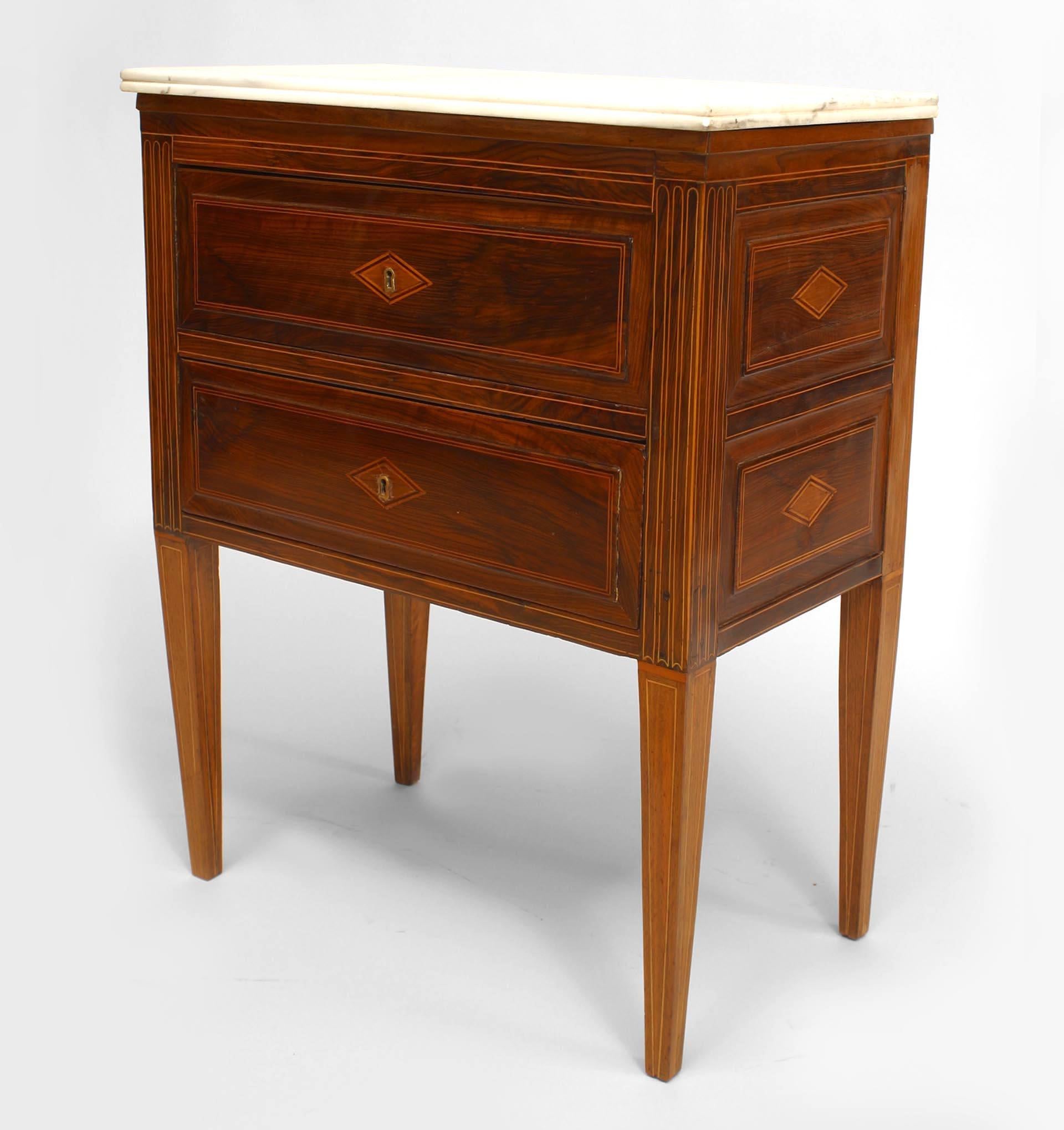 Italian Neoclassic-style (18/19th Century) rosewood and satinwood small commode with inlaid design, two drawers, and white marble top.
