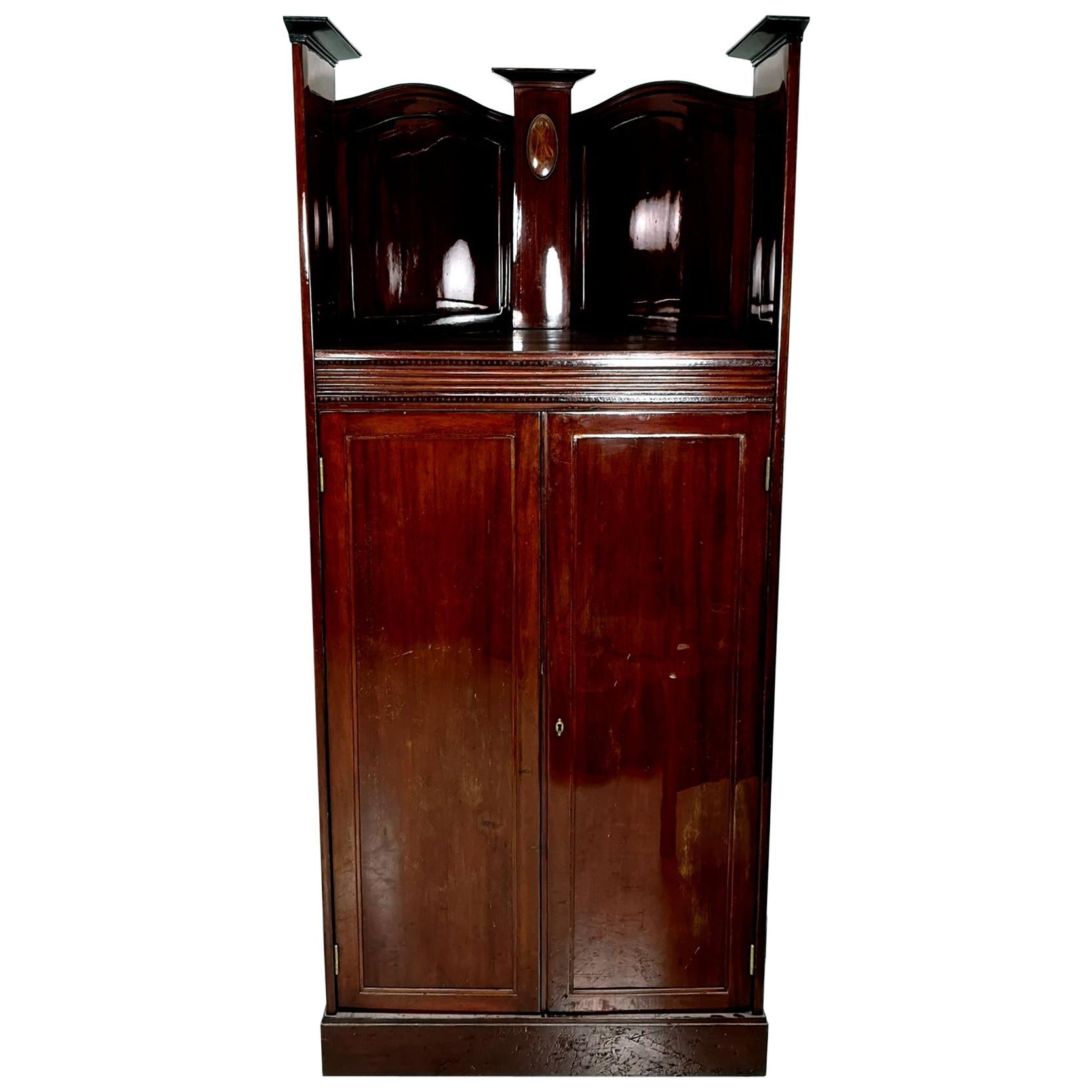 Turn of the Century Mahogany Corner Cabinet with Inlayed Intarsia For Sale