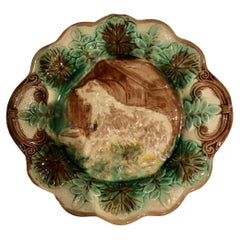 Antique Turn of the Century Majolica Dog Plate