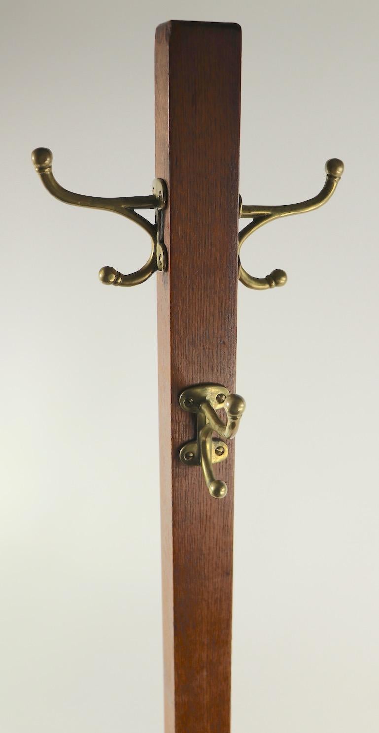 American Turn of the Century Mission Arts & Crafts Style Oak Coat Tree with Brass Hooks