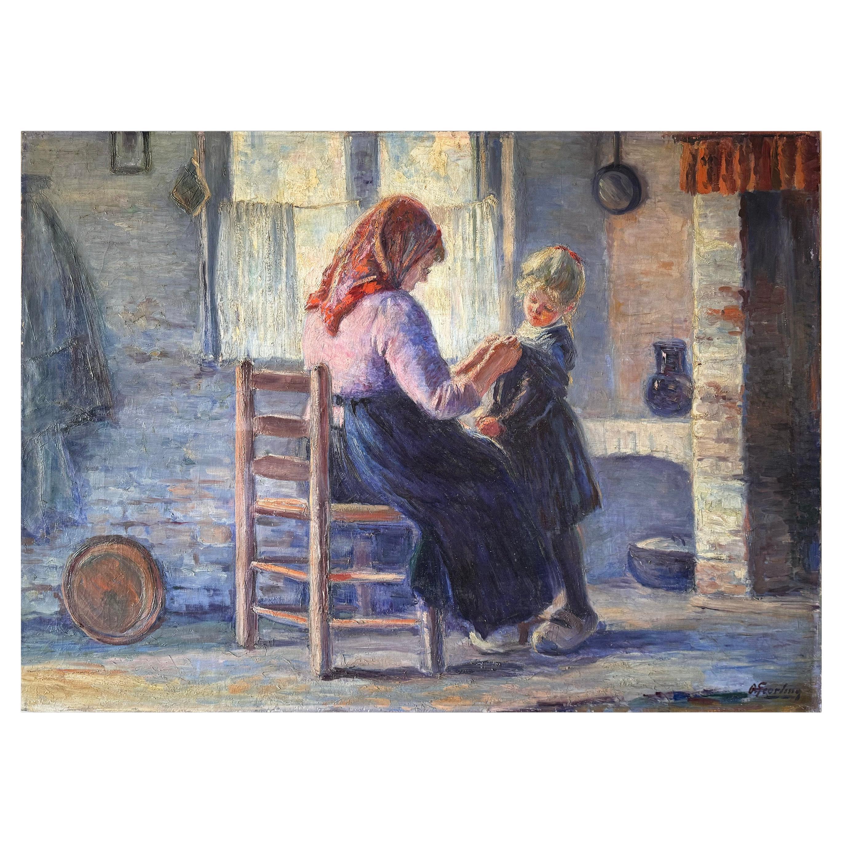 Ölgemälde von Mutter und Tochter aus der Jahrhundertwende