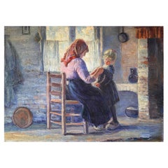 Antique Turn of the Century Oil Painting of Mother and Daughter