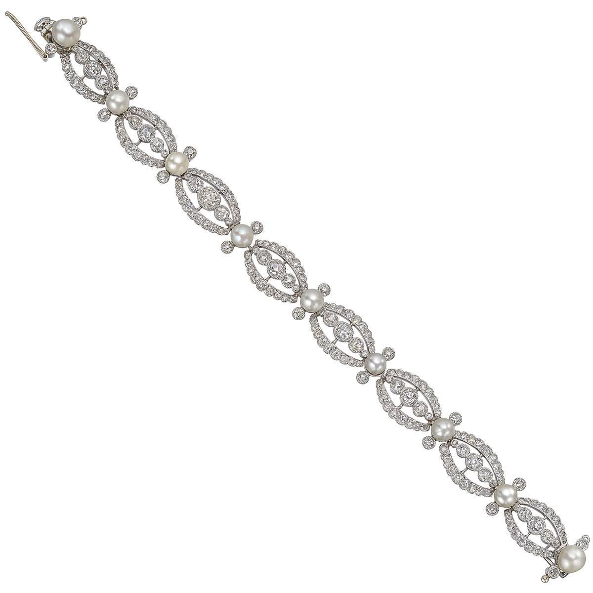 Turn-of-the-Century Old Mine Diamond Pearl Bracelet