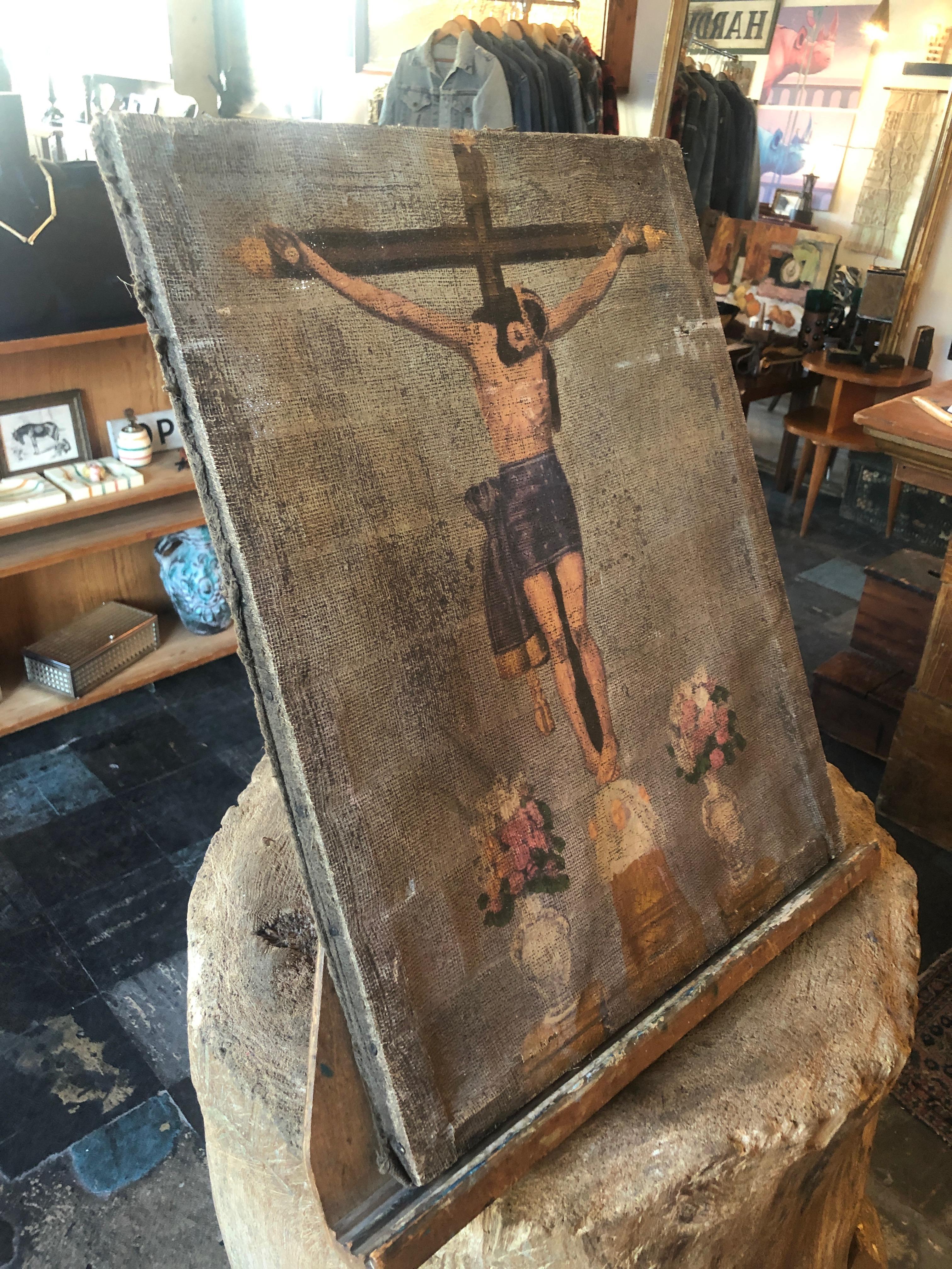 Natural Fiber Turn of the Century Painting of the Crucifixion of Christ on Cloth