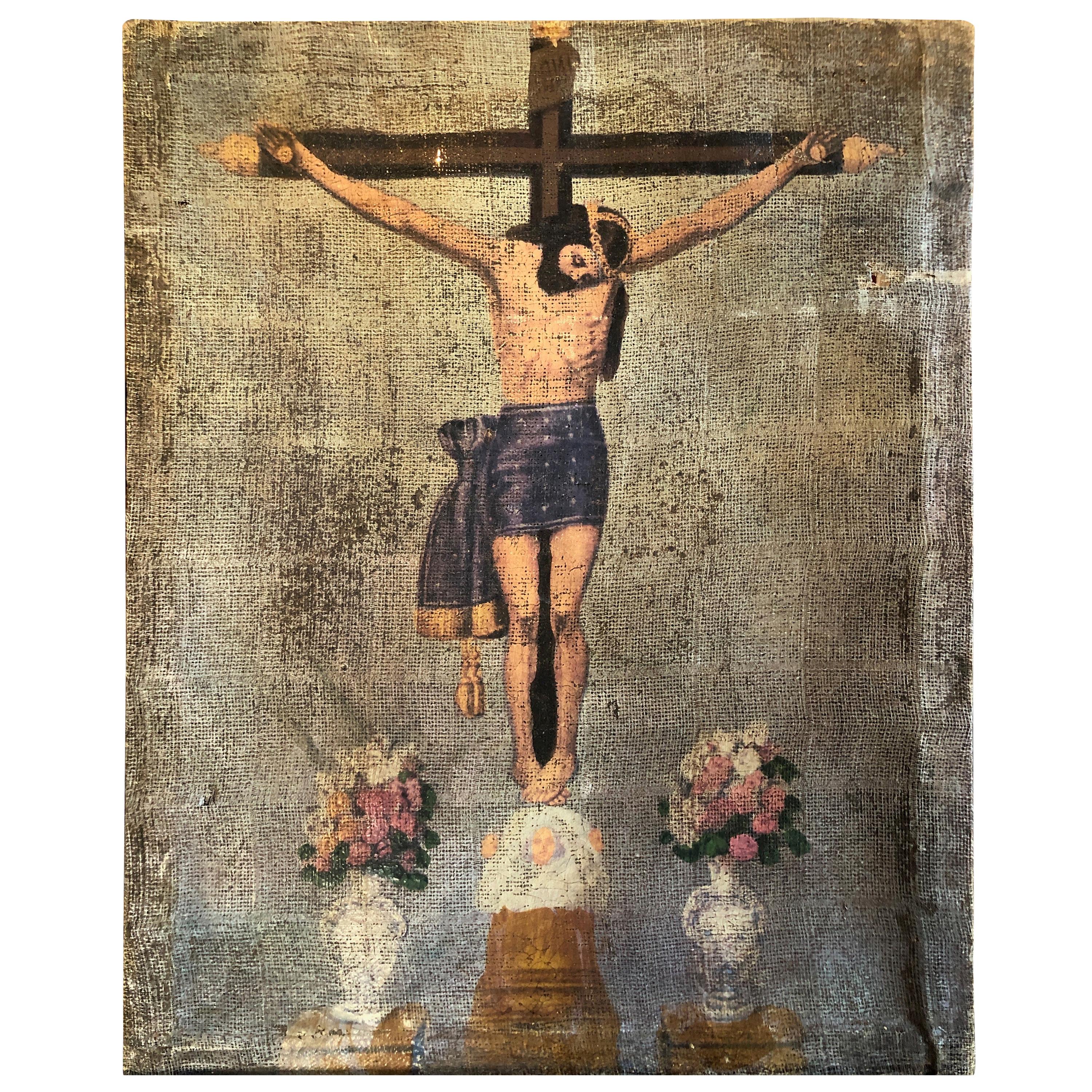 Turn of the Century Painting of the Crucifixion of Christ on Cloth