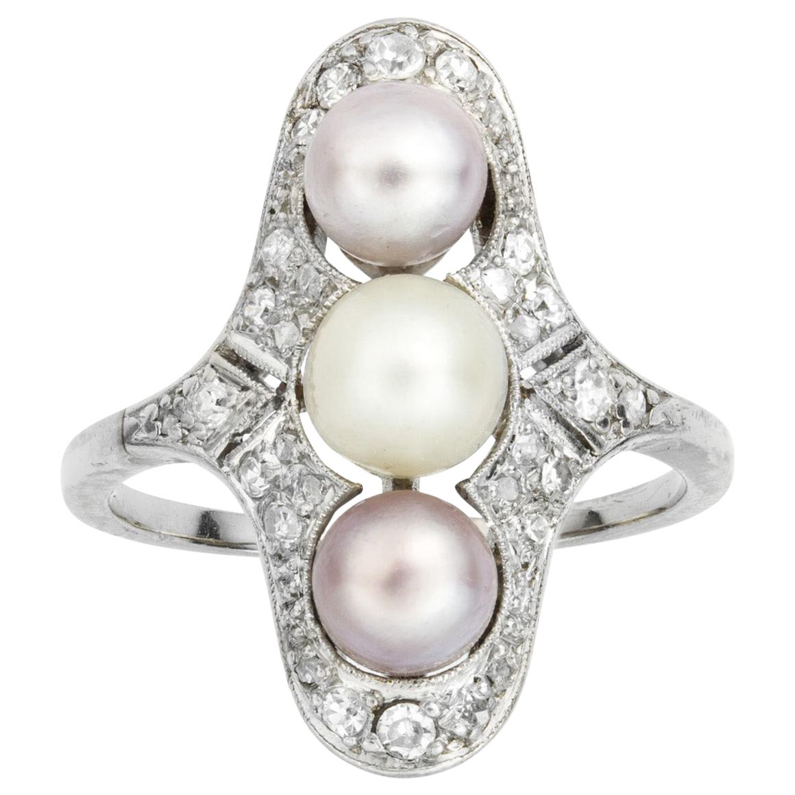 Turn of the Century Pearl and Diamond Tablet Ring For Sale