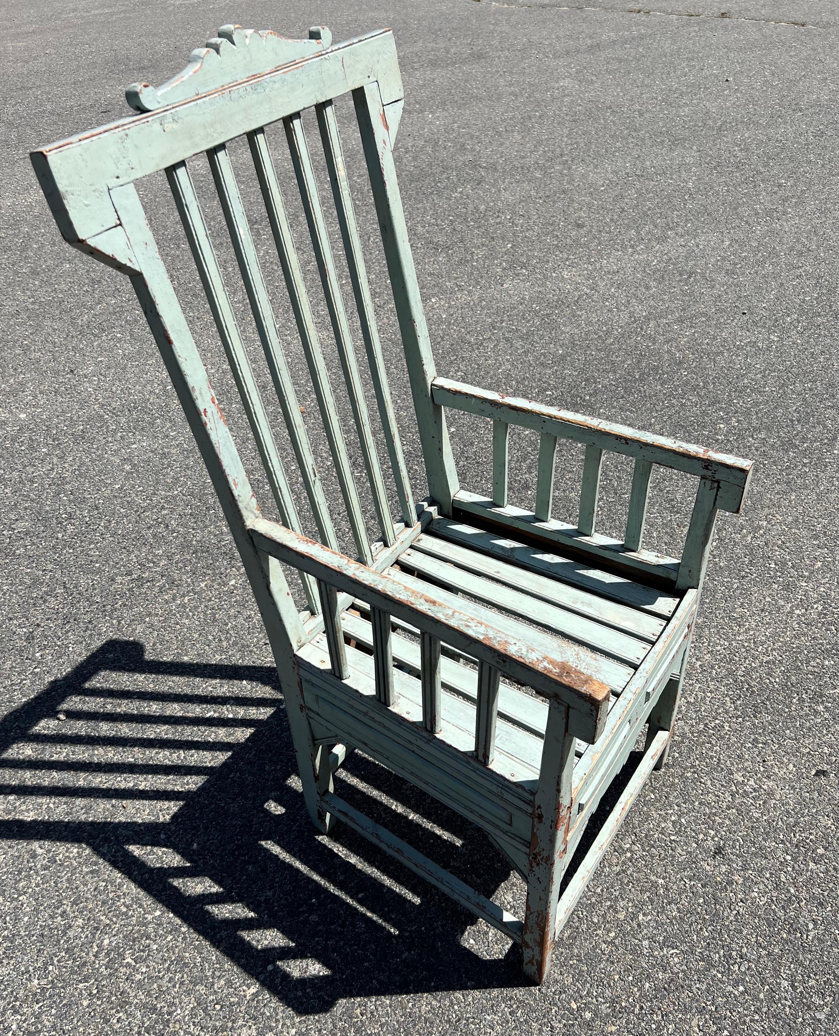 North American Turn of the Century Slatted Eastlake Style Armchair in Blue-Green Paint For Sale