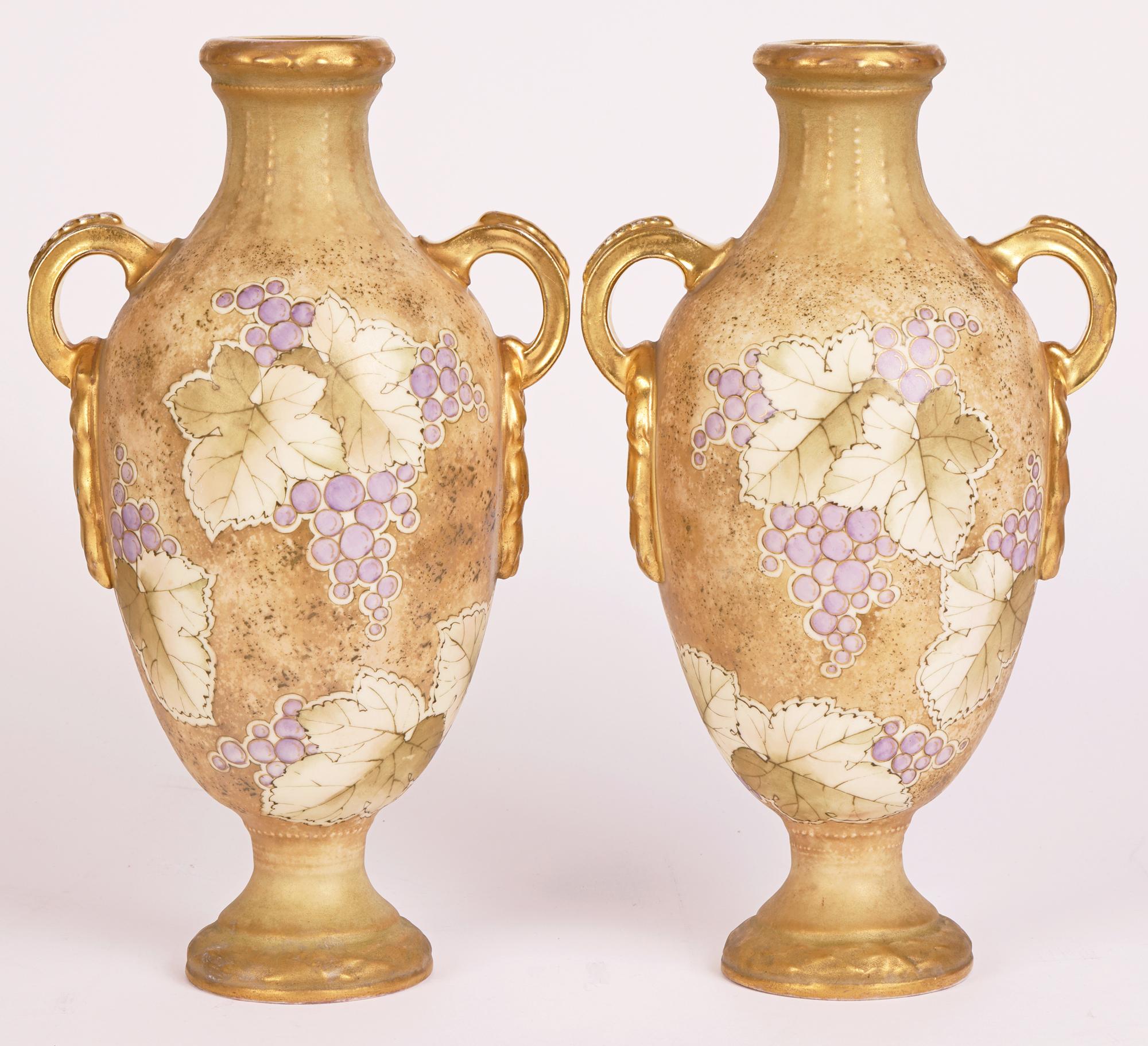 Gilt Turn Teplitz RSK Amphora Pair Art Nouveau Hand-Painted Twin Handled Vases For Sale