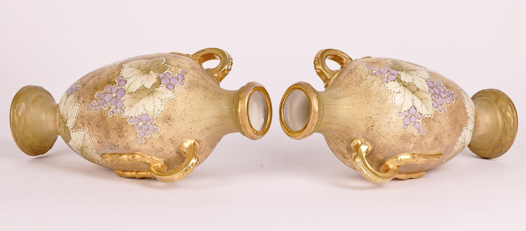 Austrian Turn Teplitz RSK Amphora Pair Art Nouveau Hand-Painted Twin Handled Vases For Sale
